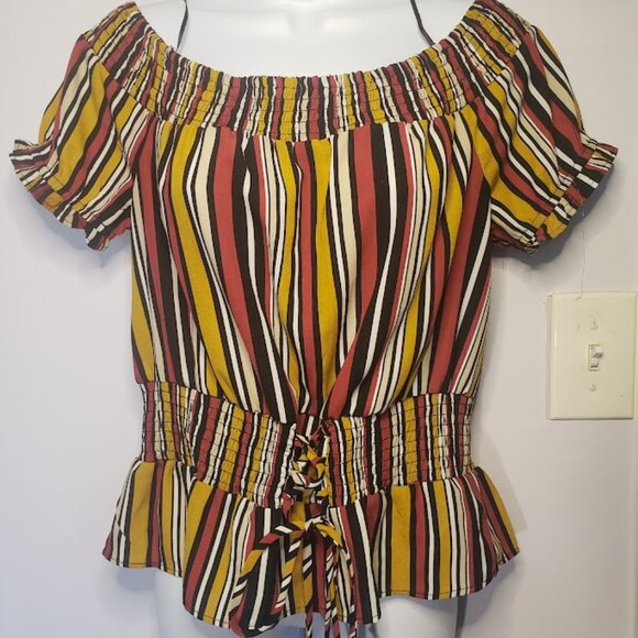 OLM Tops - Women's Multi Color, Stripe, Off Shoulder, Ruffled Sleeves & waist tie Blouse M